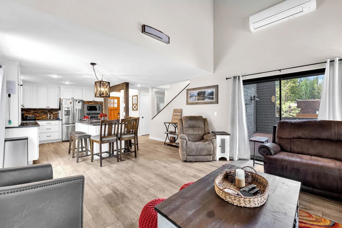 Open kitchen, dining, and living area